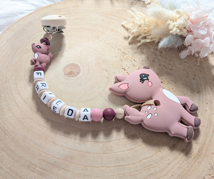 Beißkette mit Name Mädchen Reh Weinrot - CreativMade
