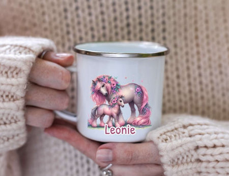 Tasse personalisiert Pferd mit Name Kinder Mädchen Einschulung Kindertasse Keramik oder Emaille - CreativMade 