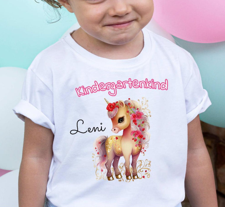 T-Shirt Kindergartenkind Mädchen Einhorn Pferd mit Name - CreativMade 