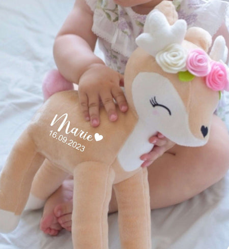 Kuscheltier Reh mit Name personalisiert Mädchen Stofftier Geburtsdatum Plüschtier Baby Geburt - CreativMade 