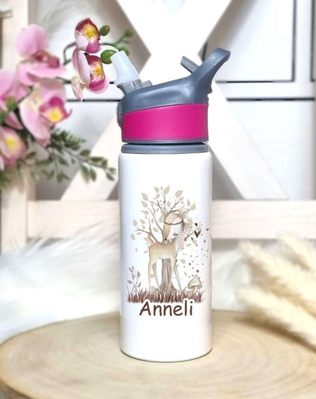 Personalisierte Trinkflasche mit Namen und Strohhalm Reh Waldtiere Wasserflasche aufklappbares Mundstück - CreativMade