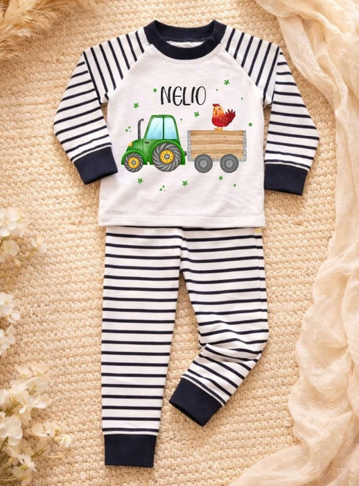 Kinder & Baby Schlafanzug mit Namen Traktor Bauernhof – Personalisierter Pyjama für Jungen