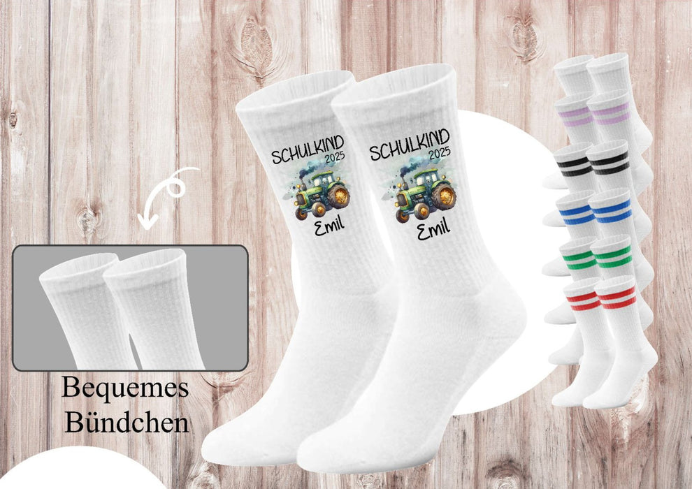 Kindersocken Einschulung Traktor – 100 % Baumwolle Größe 27–36 Unisex - CreativMade
