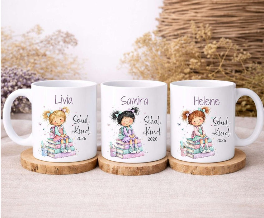 Personalisierte Einschulungstasse Mädchen mit Büchern Schulkind Tasse mit Name - CreativMade