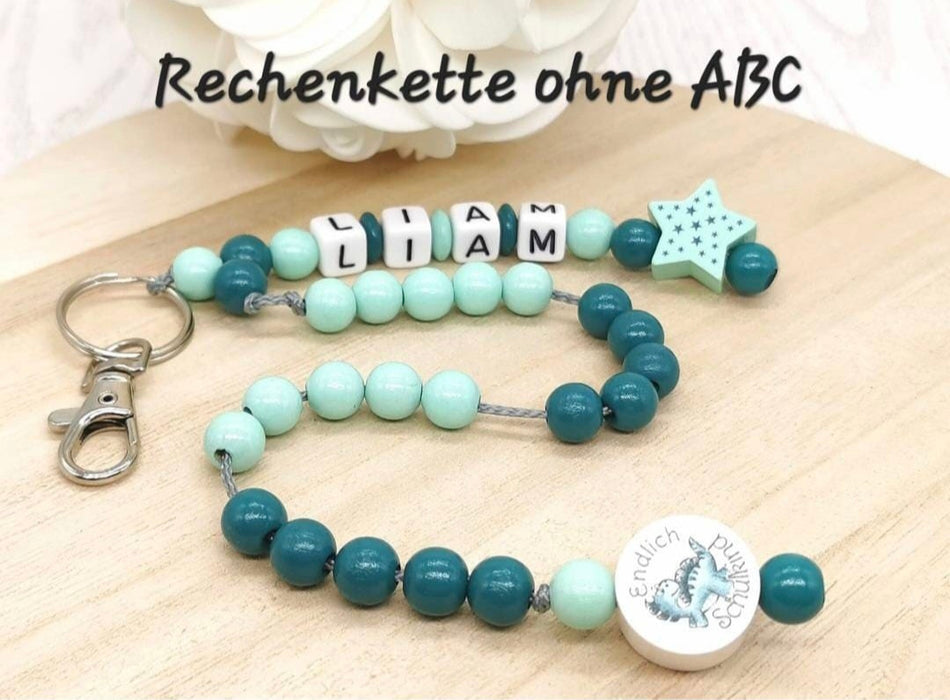 Personalisierte Rechenkette mit Namen & Holzperlen Dinosaurier – Lernhilfe für Kinder - CreativMade