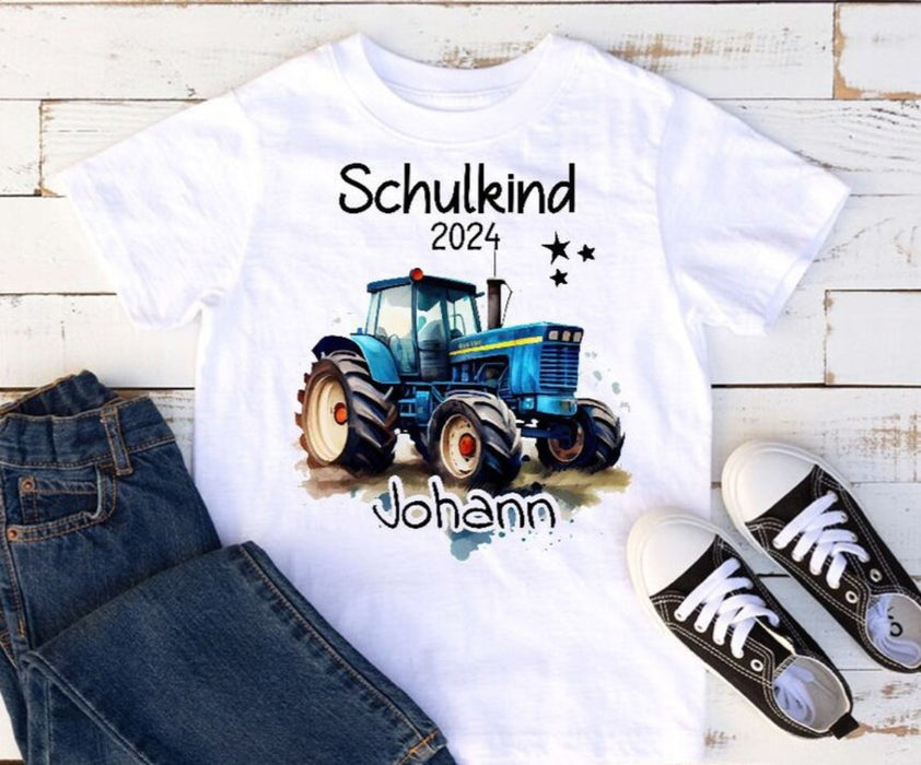 Schulkind T-Shirt mit Name personalisiert Junge Traktor Einschulungsshirt Einschulung erste Klasse Geschenk - CreativMade 
