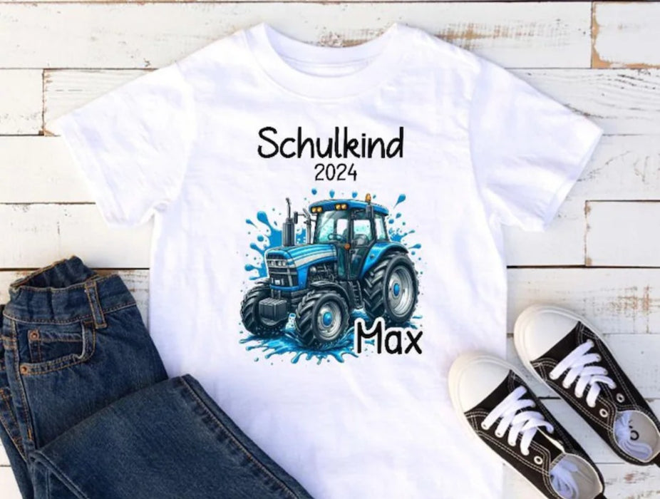 Schulkind T-Shirt mit Name personalisiert Junge Traktor Einschulungsshirt Einschulung erste Klasse Geschenk - CreativMade 
