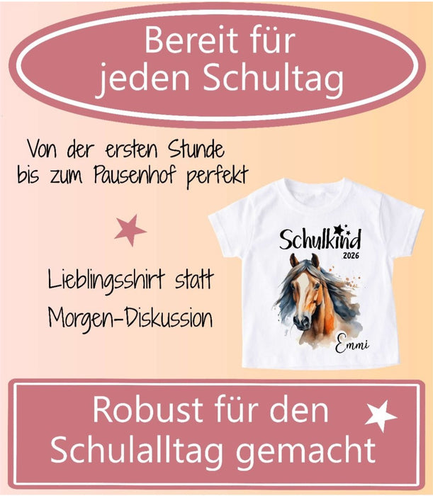 Einschulungsshirt mit Namen personalisiert Pferd Aquarell Mädchen T-Shirt Einschulung | CreativMade .