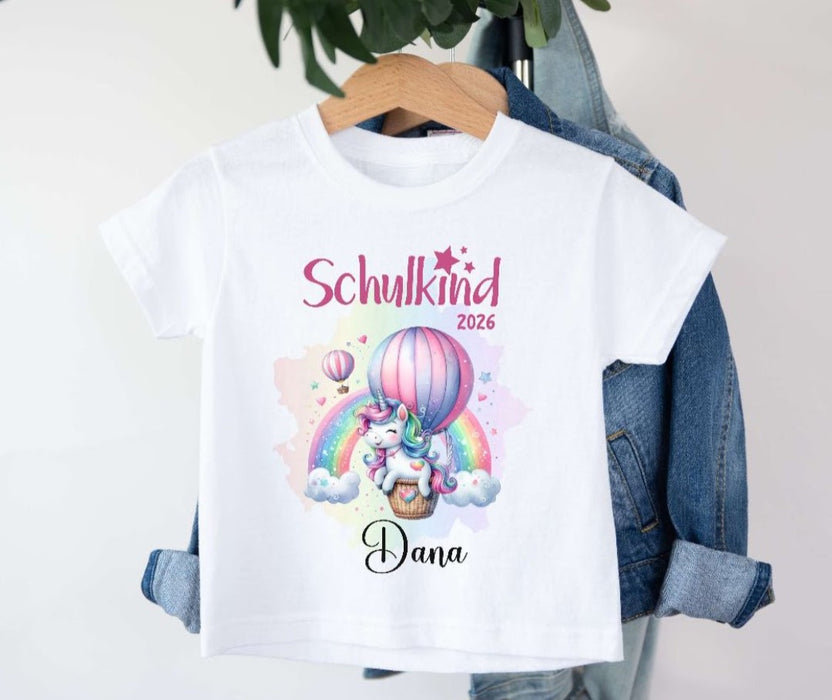 Einschulungsshirt mit Namen personalisiert Einhorn mit Heißluftballon Mädchen T-Shirt Einschulung | CreativMade .
