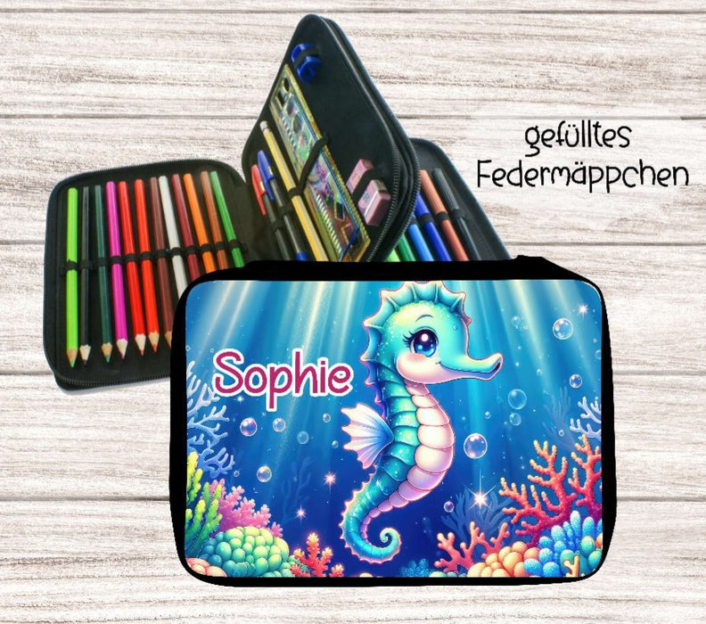 Personalisiertes Federmäppchen mit Name Seepferdchen Mädchen Geschenk Einschulung Federmappe Federpenal - CreativMade