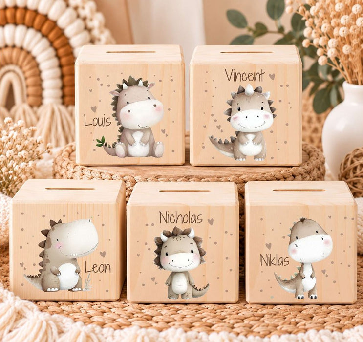 Personalisierte Kinder Spardose mit Namen Dinosaurier - Holzspardose für Kinder - CreativMade