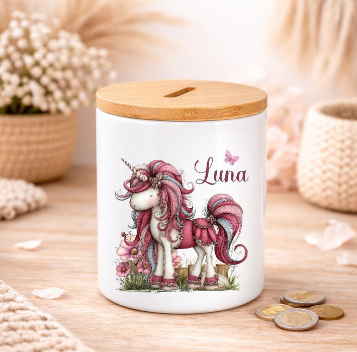 Kinder Spardose mit Name Einhorn – Personalisierte Spardose für Kinder Keramik mit Bambusdeckel für Mädchen