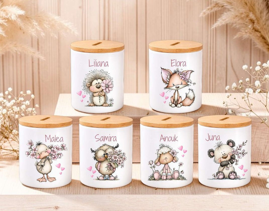 Kinder Spardose mit Name Tier-Motiv – Personalisierte Spardose für Kinder Keramik mit Bambusdeckel