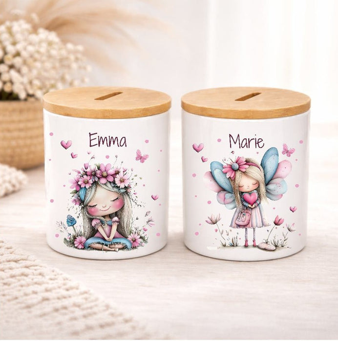 Kinder Spardose mit Name Fee – Personalisierte Spardose für Kinder Keramik mit Bambusdeckel für Mädchen | CreativMade .