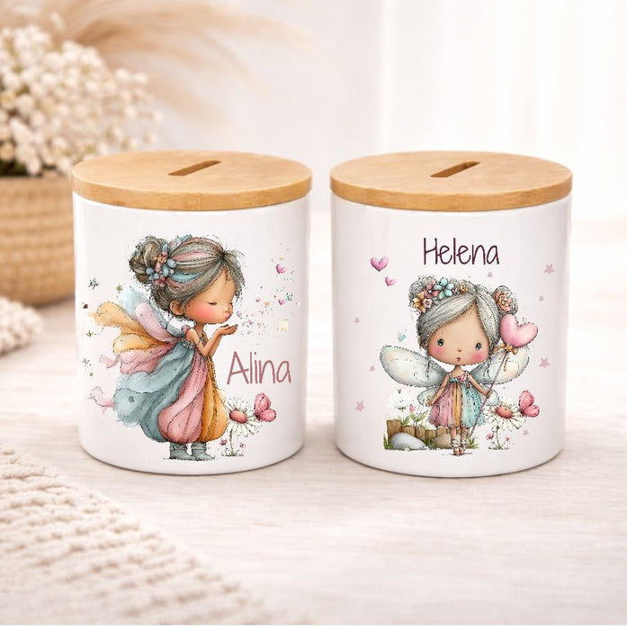 Kinder Spardose mit Name Fee – Personalisierte Spardose für Kinder Keramik mit Bambusdeckel für Mädchen | CreativMade .