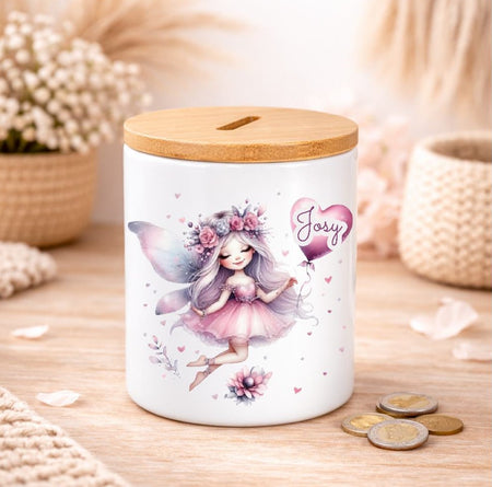 Kinder Spardose mit Name Fee – Personalisierte Spardose für Kinder Keramik mit Bambusdeckel für Mädchen - CreativMade