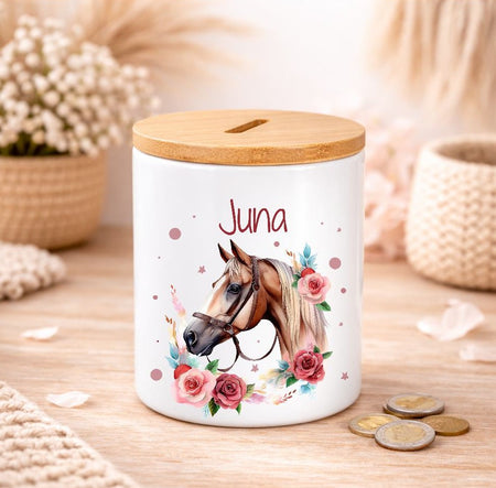Kinder Spardose mit Name Pferdekopf – Personalisierte Spardose für Kinder Keramik mit Bambusdeckel für Mädchen - CreativMade
