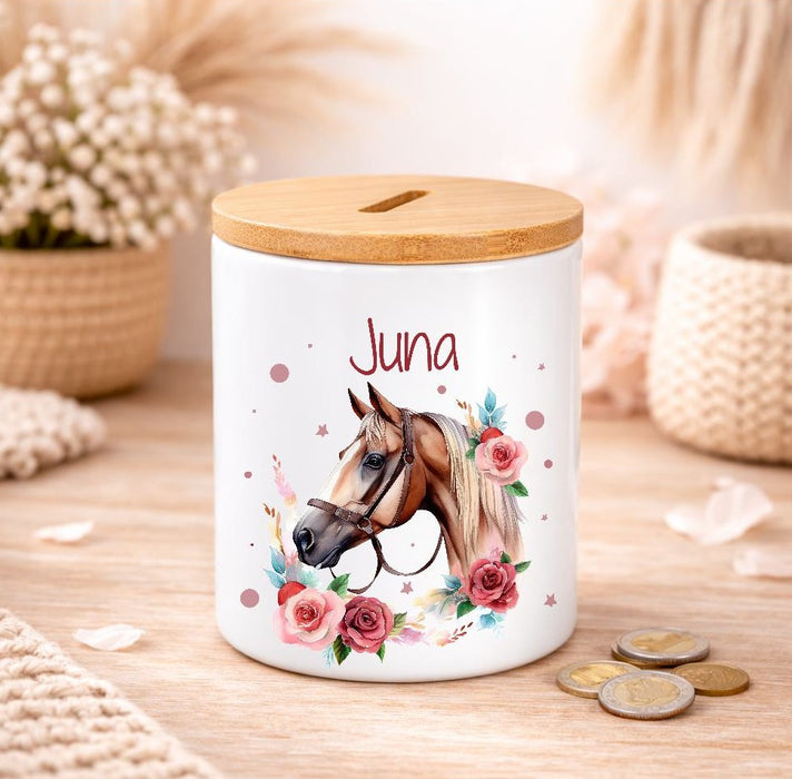 Kinder Spardose mit Name Pferdekopf – Personalisierte Spardose für Kinder Keramik mit Bambusdeckel für Mädchen | CreativMade .