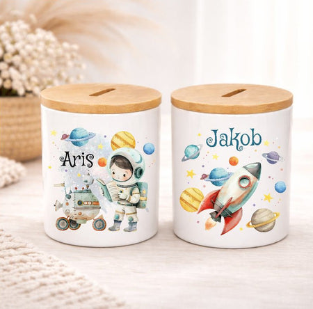 Kinder Spardose mit Name Rakete & Astronaut – Personalisierte Spardose für Kinder Keramik mit Bambusdeckel für Jungen - CreativMade