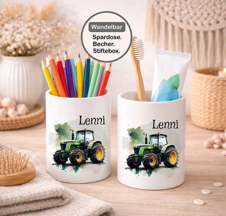 Kinder Spardose mit Name Traktor – Personalisierte Spardose für Kinder Keramik mit Bambusdeckel für Jungen | CreativMade .