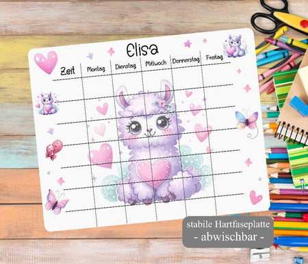 Personalisierter Stundenplan mit Name Lama Mädchen abwischbar Einschulung - CreativMade