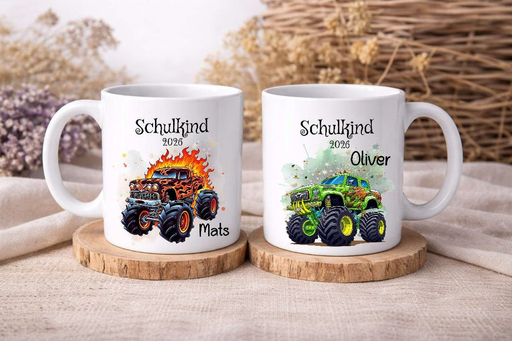 Einschulungstasse mit Name Monstertruck Schulkind Tasse personalisiert Jungen - CreativMade