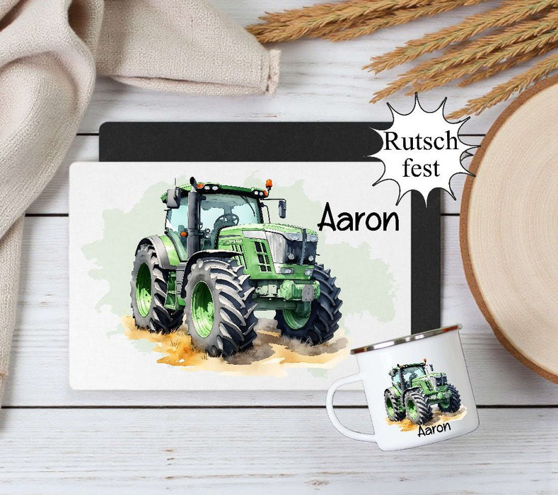 Kinder Tischset personalisiert mit Namen Traktor - abwischbar und rutschfest Platzdeckchen Platzset Tischunterlage - personalisierte Tasse Emaille & Keramik - CreativMade 