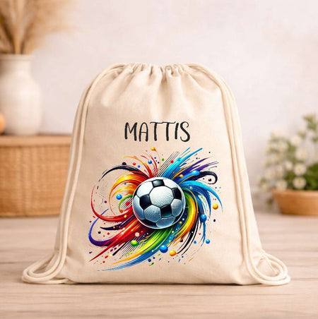Kinder Turnbeutel mit Namen personalisiert – Fußball bunt Sportbeutel für Kindergarten, Schule und Schwimmen Jungen - CreativMade