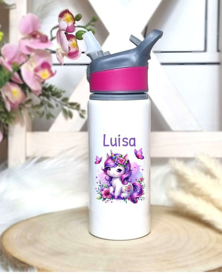 Personalisierte Trinkflasche mit Namen und Strohhalm Einhorn Wasserflasche aufklappbares Mundstück - CreativMade