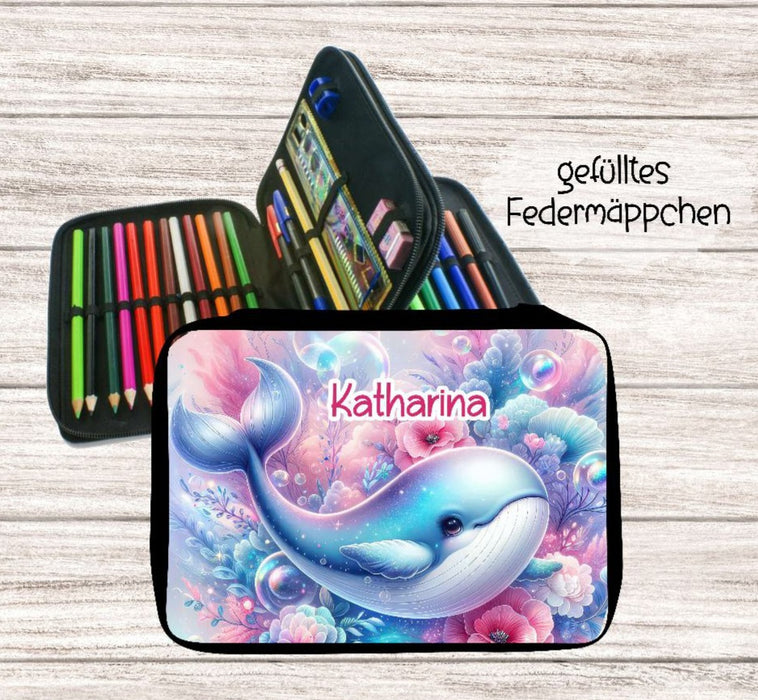 Personalisiertes Federmäppchen mit Name Wal Mädchen Geschenk Einschulung Federmappe Federpenal - CreativMade