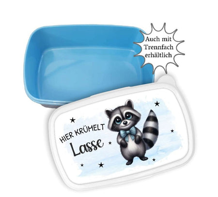 Brotdose Kinder personalisiert Waschbär mit Name Junge Einschulung Vesperbox Fächer hier Krümelt - CreativMade 