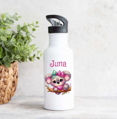 Personalisierte Trinkflasche Koala Kinder Edelstahl mit Name mit Strohhalm Mädchen Geschenk Einschulung Geburtstag - CreativMade 