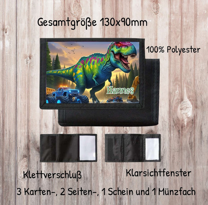 Kinder Geldbeutel personalisiert Dinosaurier – Geldbörse mit Namen Klettverschluss Porte­mon­naie - CreativMade