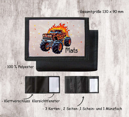 Kinder Geldbeutel personalisiert Monstertruck – Geldbörse mit Namen Klettverschluss Porte­mon­naie - CreativMade