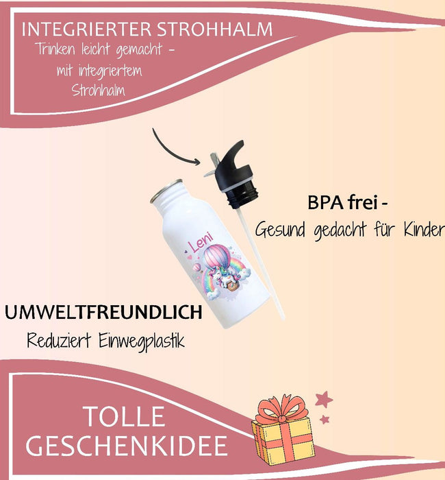 Personalisierte Trinkflasche Kinder Einhorn -  Edelstahl Trinkflasche mit Name - Strohhalm Geschenk Einschulung Geburtstag - CreativMade 