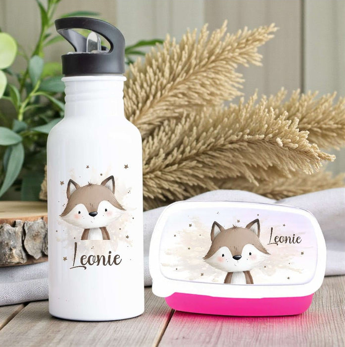 Brotdose & Trinkflasche personalisiert - Fuchs - Kinder Set mit Namen Edelstahl Trinkflasche - CreativMade 