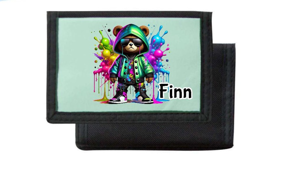 Kinder Geldbeutel personalisiert cooler Bär – Geldbörse mit Namen Klettverschluss Porte­mon­naie - CreativMade