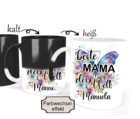 Tasse beste Mama der Welt personalisiert Zaubertasse versteckte Botschaft Farbwechsel Tasse magische Tasse Schmetterling Keramik - CreativMade 