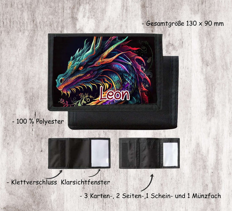 Kinder Geldbeutel personalisiert Drache – Geldbörse mit Namen Klettverschluss Porte­mon­naie - CreativMade