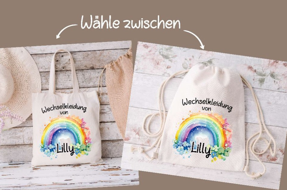 Wechselkleidung Kita Regenbogen Tasche personalisiert mit Name Mädchen Kindergarten Wechselwäsche Wechselsachen Beutel