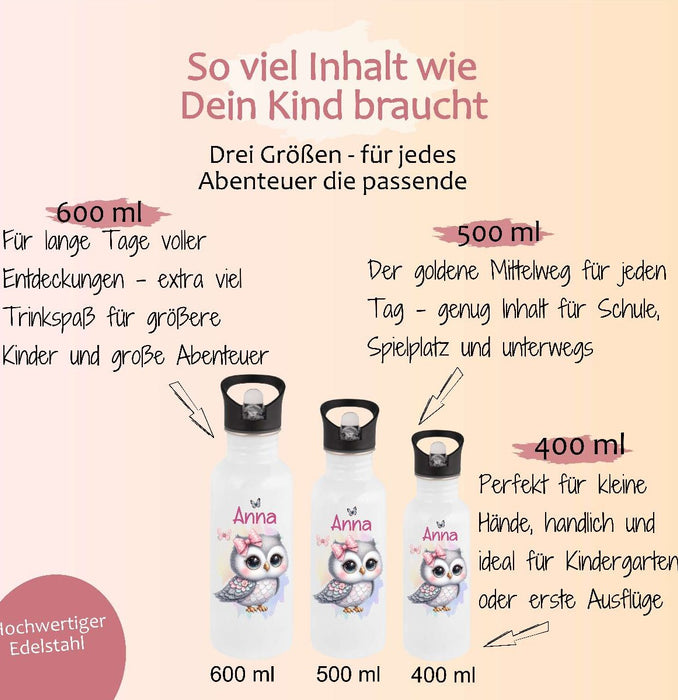 Personalisierte Trinkflasche Kinder Eule -  Edelstahl Trinkflasche mit Name - Strohhalm Geschenk Einschulung Geburtstag - CreativMade 