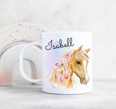 Kindertasse Tasse Pferd personalisiert mit Name Mädchen Kunststoff Lerntasse bruchsicher Namenstasse - CreativMade 