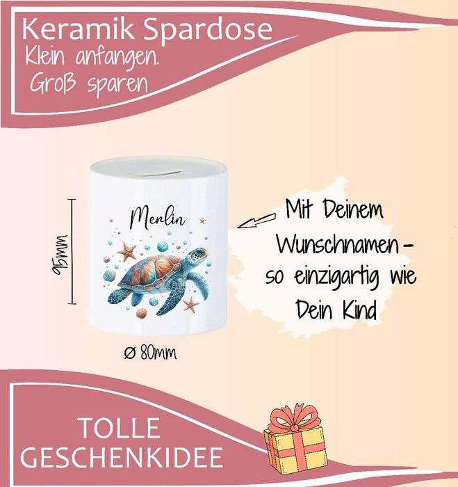 Personalisierte Kinderspardose mit Namen Schildkröte - Keramik Spardose zur Einschulung, Geburt oder Taufe - CreativMade