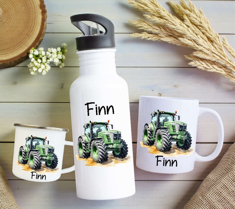 Personalisiertes Kinder Trinkflaschen- & Tassen-Set mit Namen Traktor – Edelstahl Trinkflasche 500 ml für Schule & Kindergarten - CreativMade