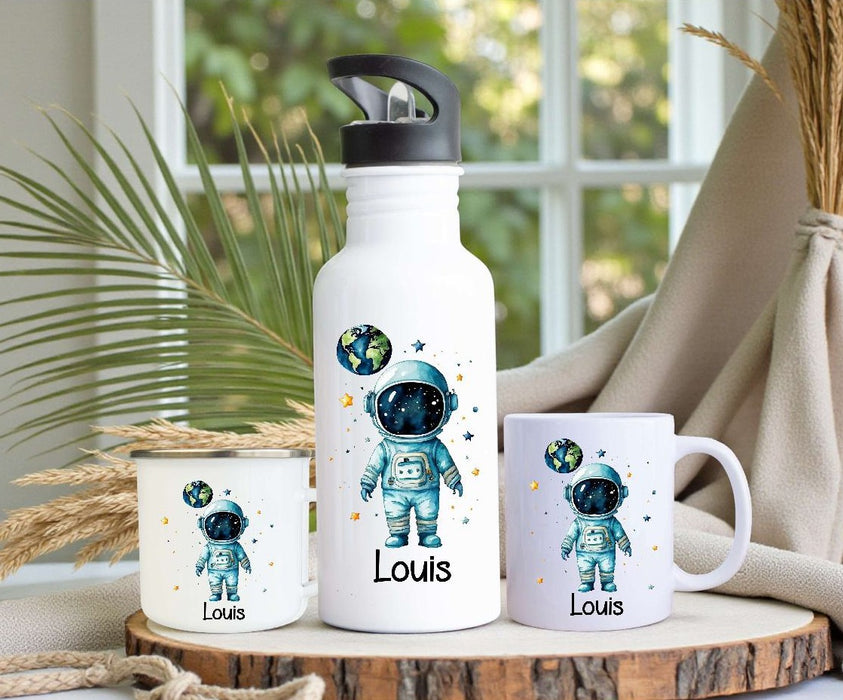 Personalisiertes Kinder Trinkflaschen- & Tassen-Set mit Namen Astronaut – Edelstahl Trinkflasche 500 ml für Schule & Kindergarten - CreativMade