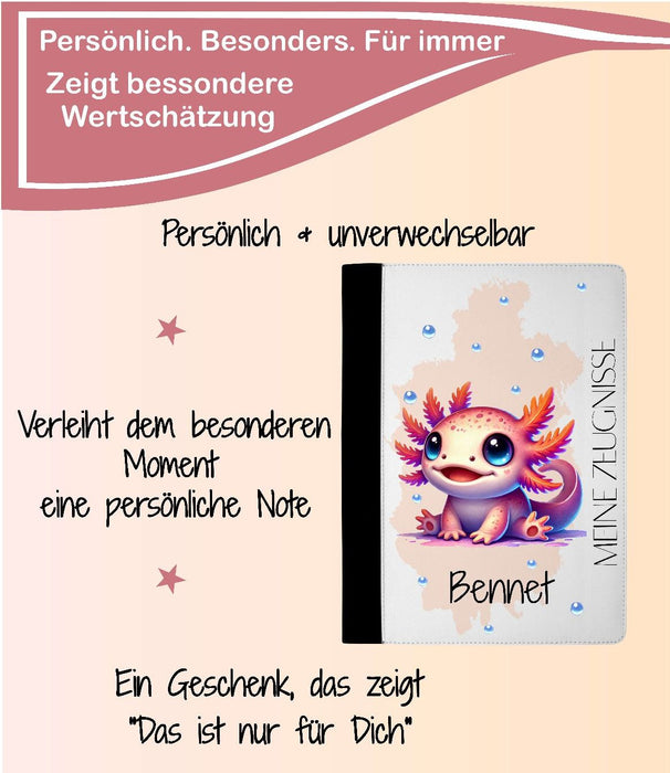 Personalisierte Zeugnismappe mit Namen Axolotl – Mappe für Schulzeugnisse A4 | Geschenk zur Einschulung Jungen - CreativMade