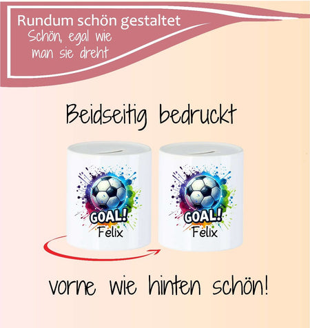 Personalisierte Kinderspardose mit Namen Fußball – Keramik Spardose zur Einschulung, Geburt oder Taufe - CreativMade
