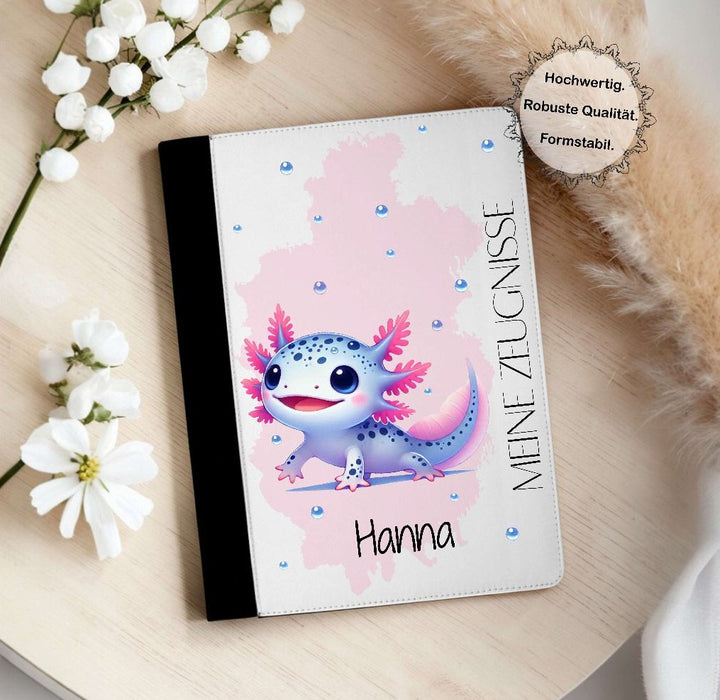 Personalisierte Zeugnismappe mit Namen Axolotl – Mappe für Schulzeugnisse A4 | Geschenk zur Einschulung Jungen - CreativMade