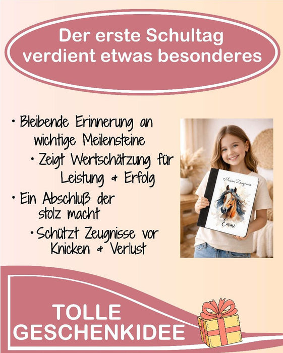 Personalisierte Zeugnismappe mit Namen Pferd Mädchen – Mappe für Schulzeugnisse A4 | Geschenk zur Einschulung Jungen Mädchen - CreativMade 