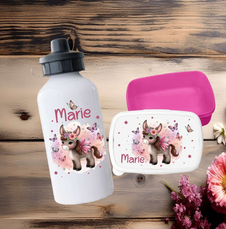 Set Brotdose und Trinkflasche personalisiert mit Namen Esel Edelstahl 500ml Lunchbox Mädchen - CreativMade
